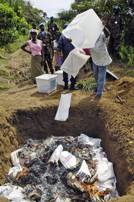 Citizens and UNMIL Destroy Voting Materials in Liberia